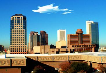 Pictured is a photo view of the Phoenix, Arizona skyline looking west.